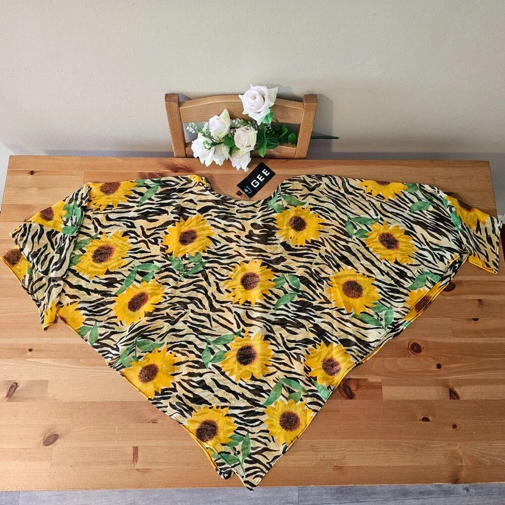 J GEE - Vintage Triangular Shawl Wrap Sunflowers Women Black - Picture 4 of 10